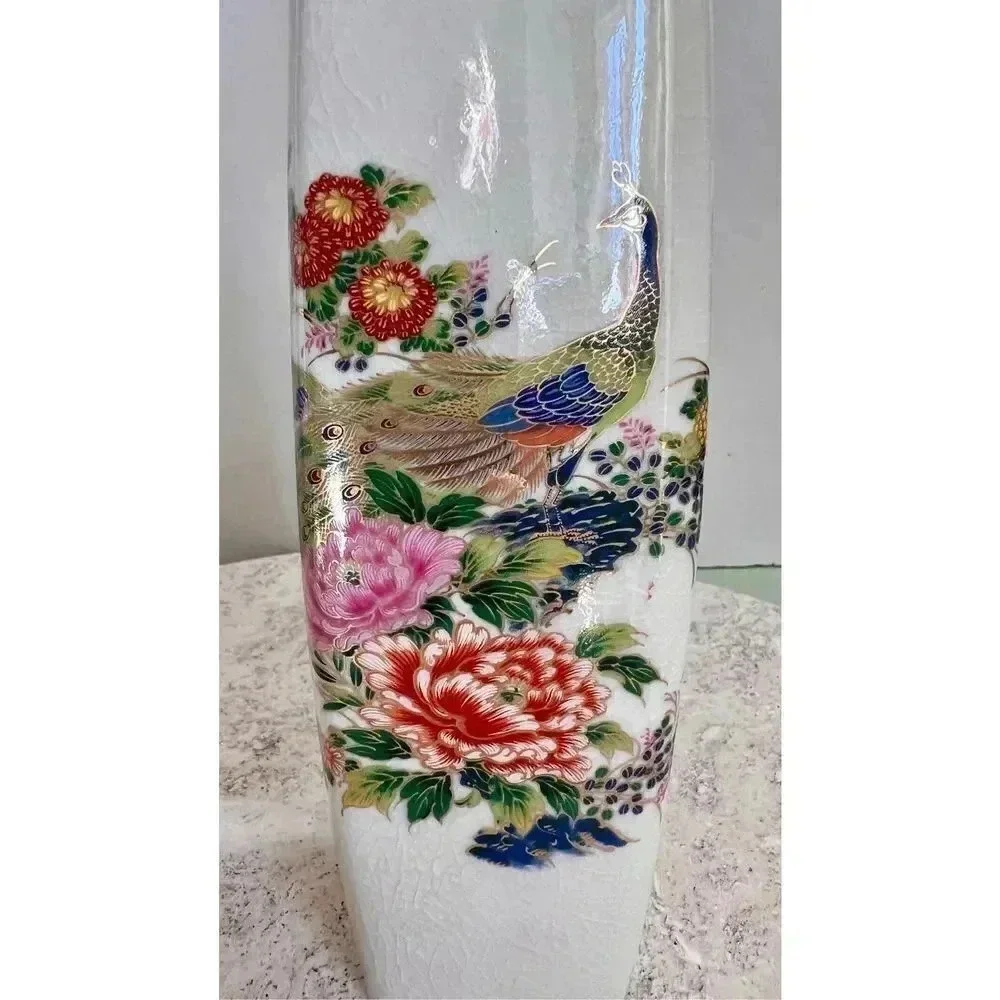 Satsuma Cream Vintage Japanese Peacock Yamahiro Toen Crackle Glass Tapered Vase‎